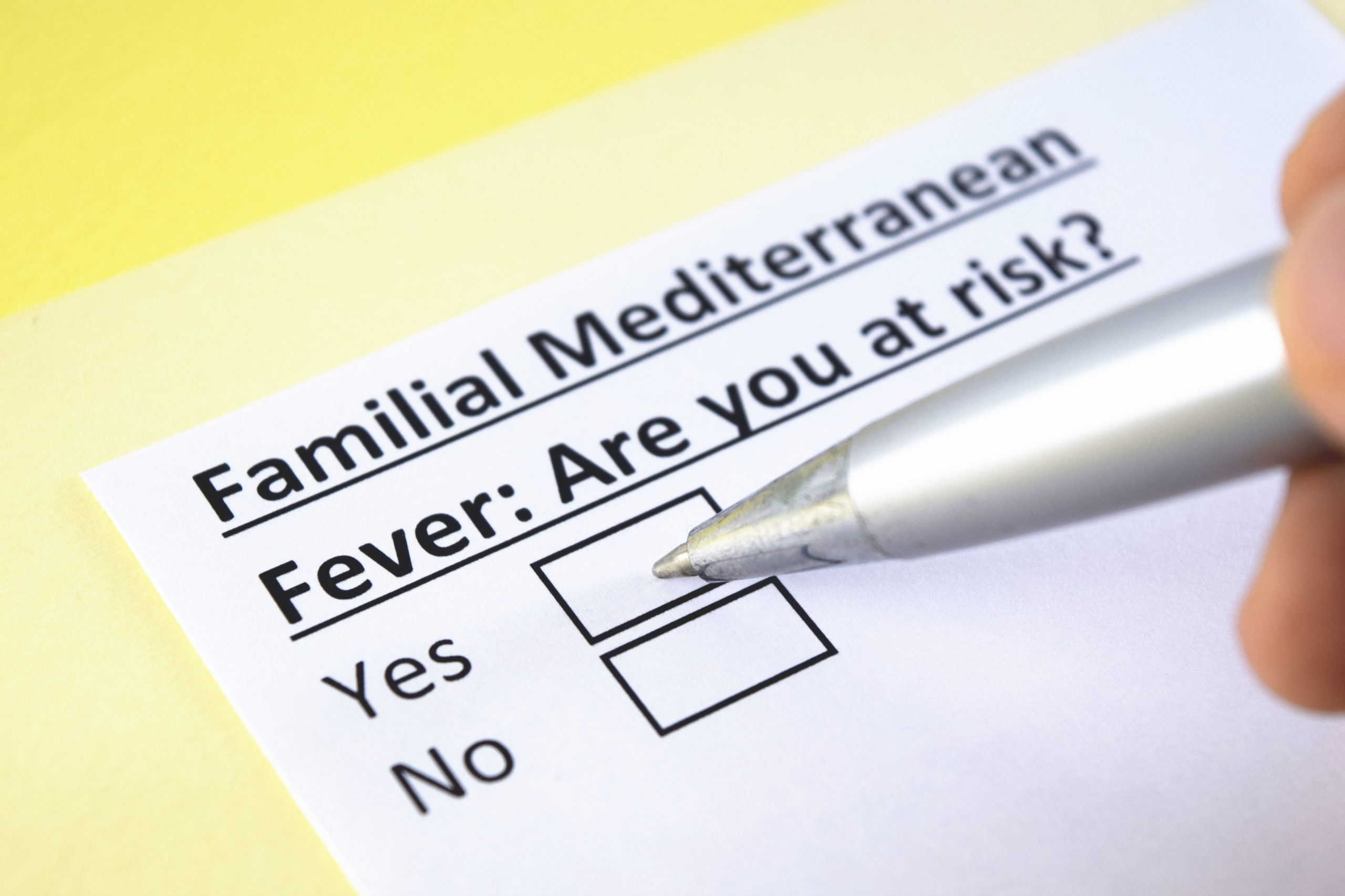 Image of a survey asking whether someone believes they are at risk for Familial Mediterranean Fever or not