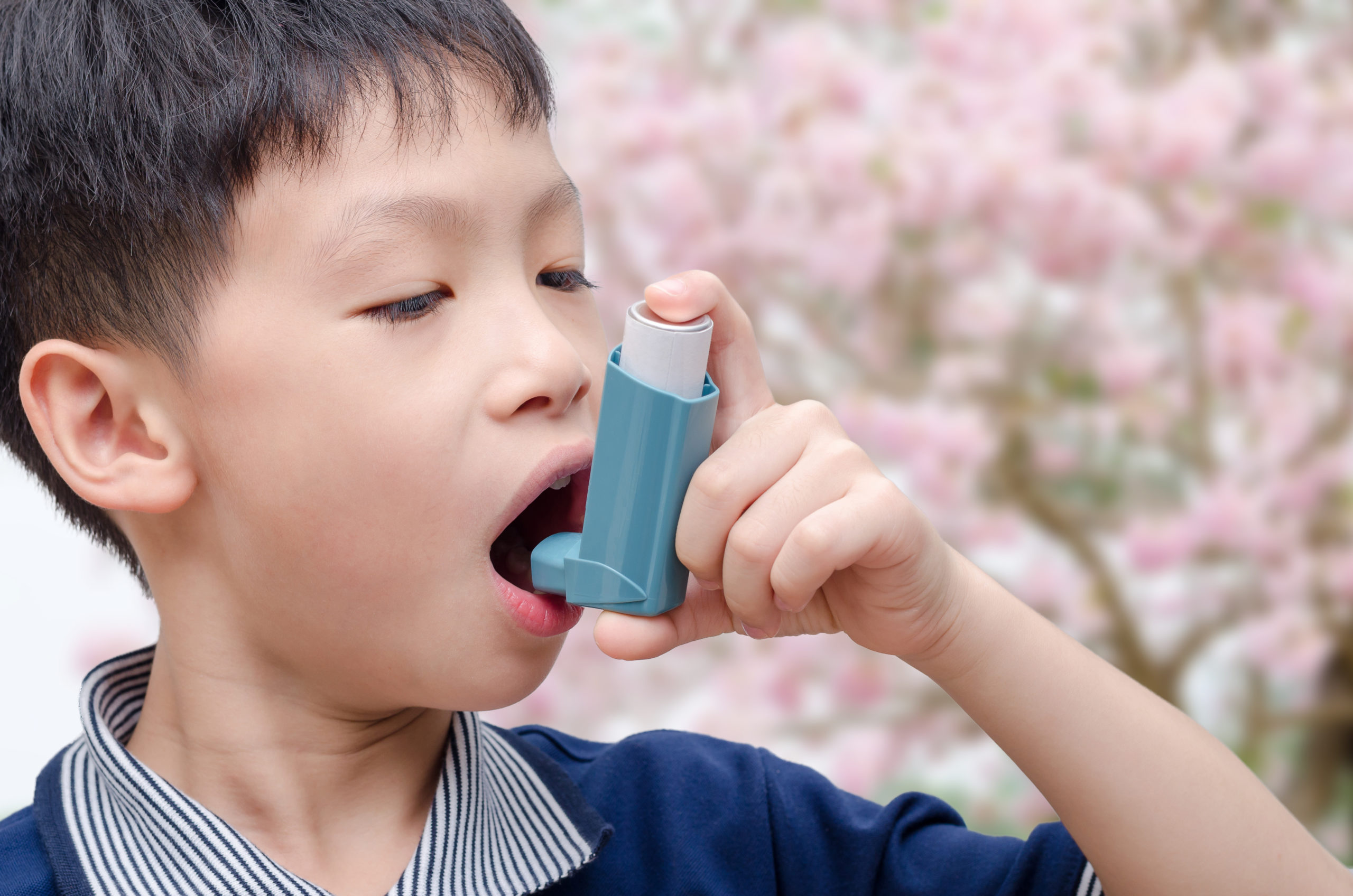 Image of a young boy standing in front of a floral tree and holding an inhaler to his mouth
